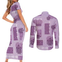 Vintage Lapita Couples Matching Short Sleeve Bodycon Dress and Long Sleeve Button Shirt Iconic Double Face Pattern Violet