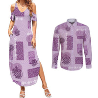 Vintage Lapita Couples Matching Summer Maxi Dress and Long Sleeve Button Shirt Iconic Double Face Pattern Violet LT05 Violet - Polynesian Pride