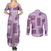 Vintage Lapita Couples Matching Summer Maxi Dress and Long Sleeve Button Shirt Iconic Double Face Pattern Violet LT05 - Polynesian Pride