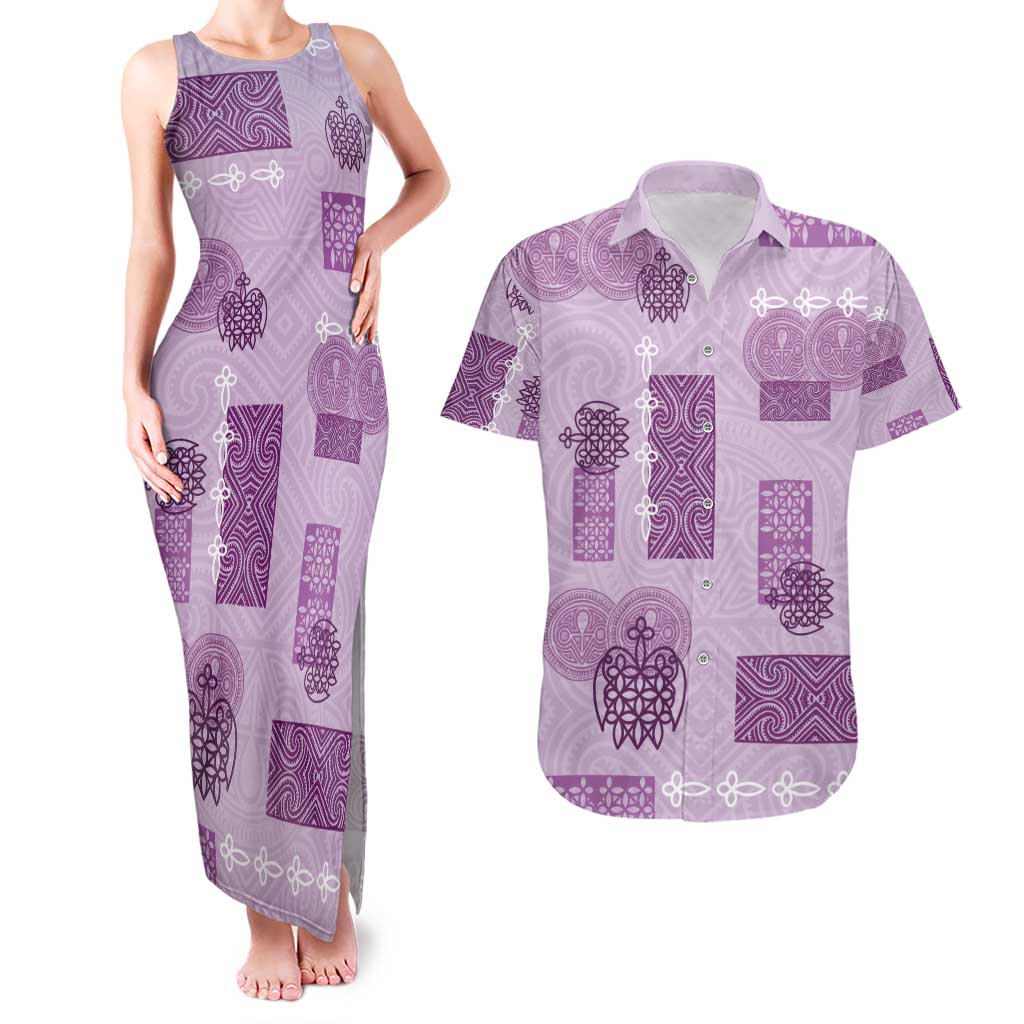 Vintage Lapita Couples Matching Tank Maxi Dress and Hawaiian Shirt Iconic Double Face Pattern Violet