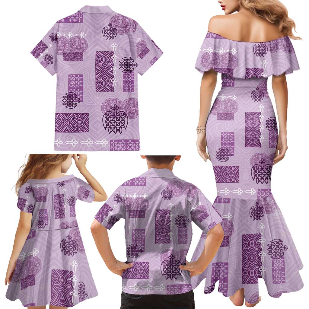 Vintage Lapita Family Matching Mermaid Dress and Hawaiian Shirt Iconic Double Face Pattern Violet