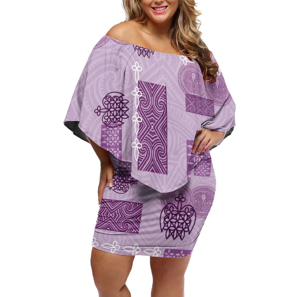 Vintage Lapita Family Matching Off Shoulder Short Dress and Hawaiian Shirt Iconic Double Face Pattern Violet