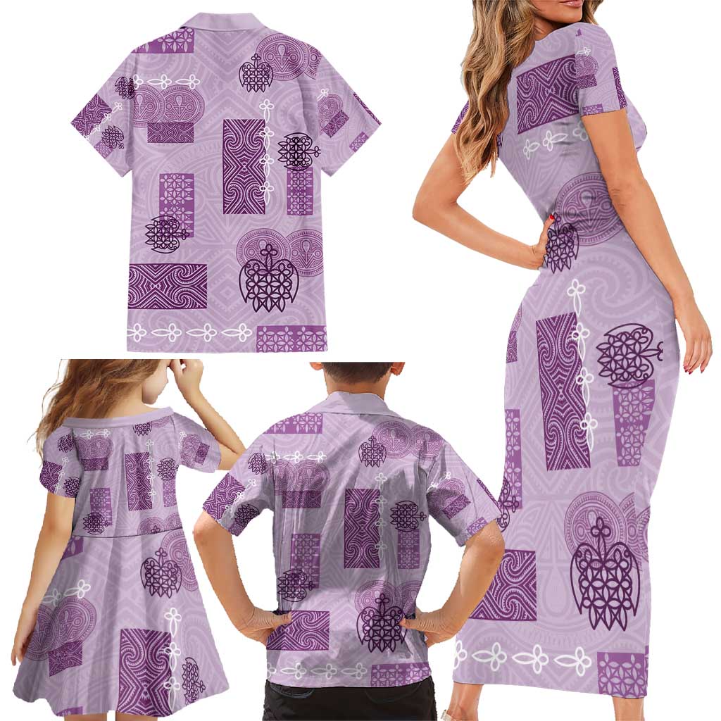 Vintage Lapita Family Matching Short Sleeve Bodycon Dress and Hawaiian Shirt Iconic Double Face Pattern Violet