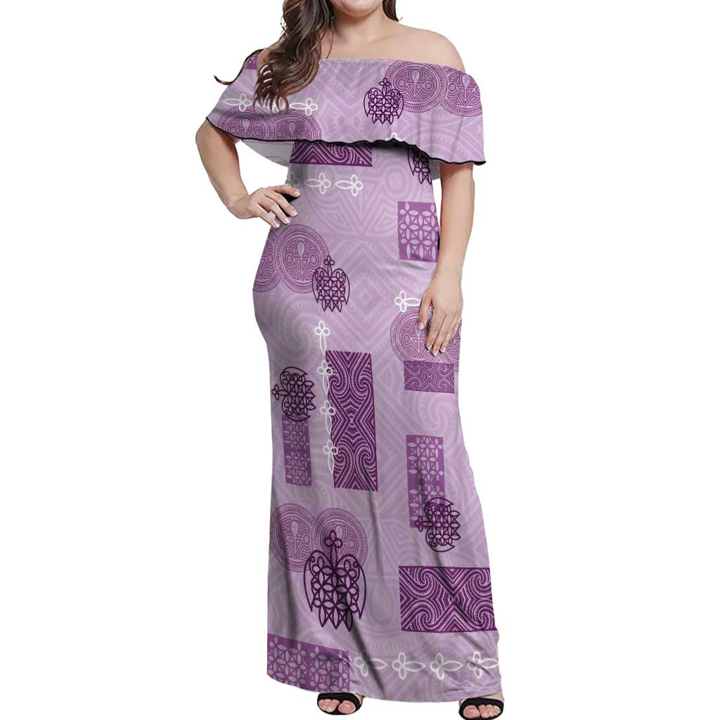 Vintage Lapita Off Shoulder Maxi Dress Iconic Double Face Pattern Violet