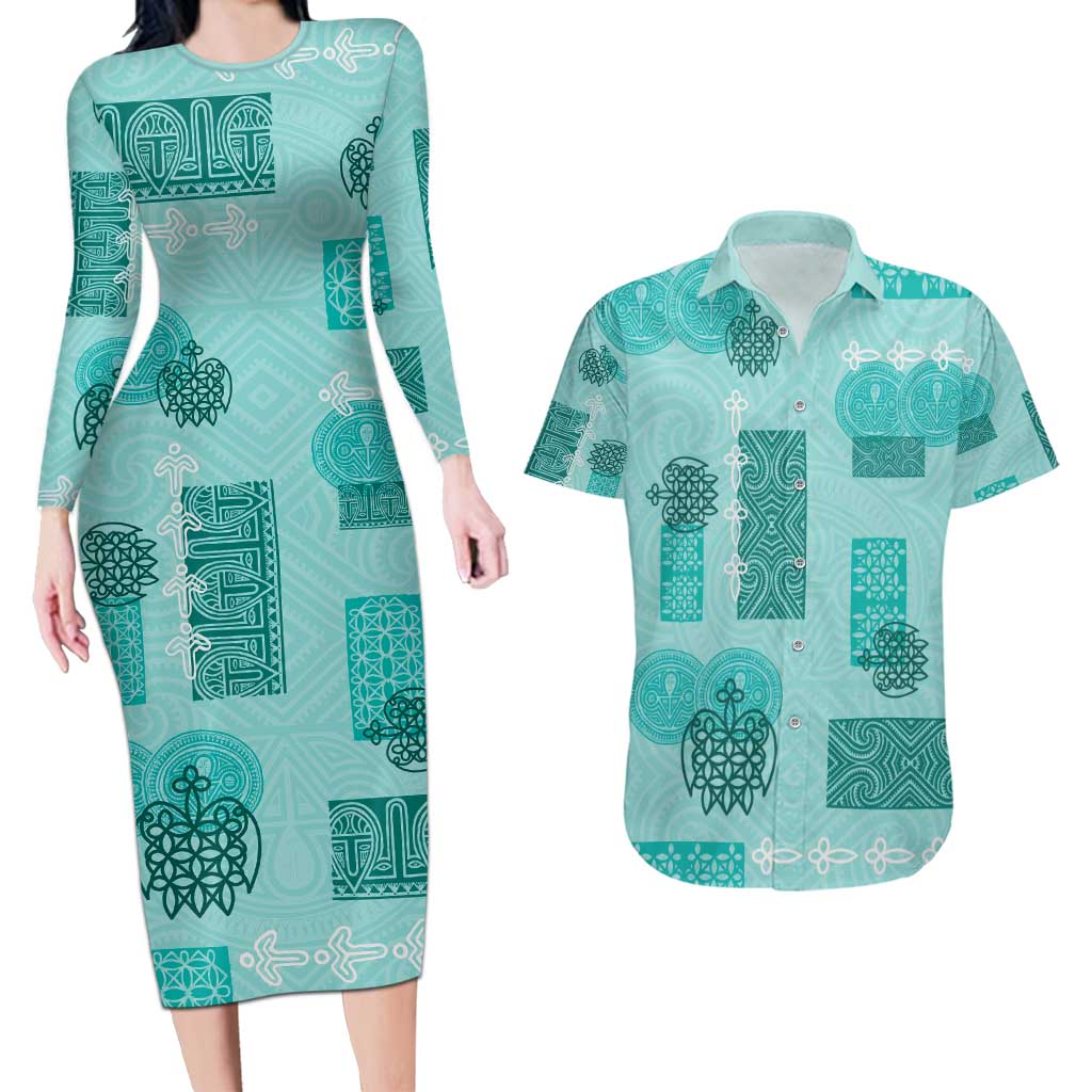 Vintage Lapita Couples Matching Long Sleeve Bodycon Dress and Hawaiian Shirt Iconic Double Face Pattern Turquoise LT05