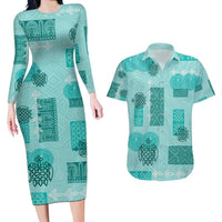 Vintage Lapita Couples Matching Long Sleeve Bodycon Dress and Hawaiian Shirt Iconic Double Face Pattern Turquoise LT05
