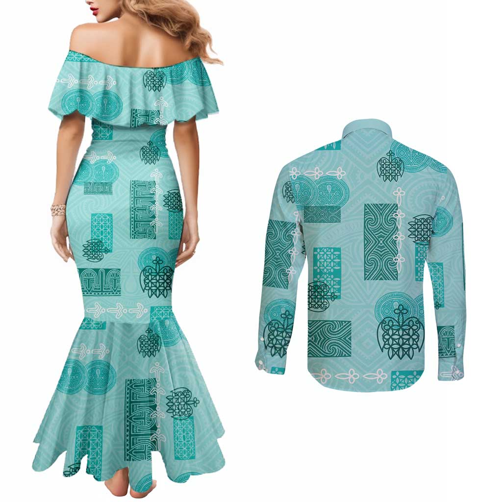 Vintage Lapita Couples Matching Mermaid Dress and Long Sleeve Button Shirt Iconic Double Face Pattern Turquoise LT05