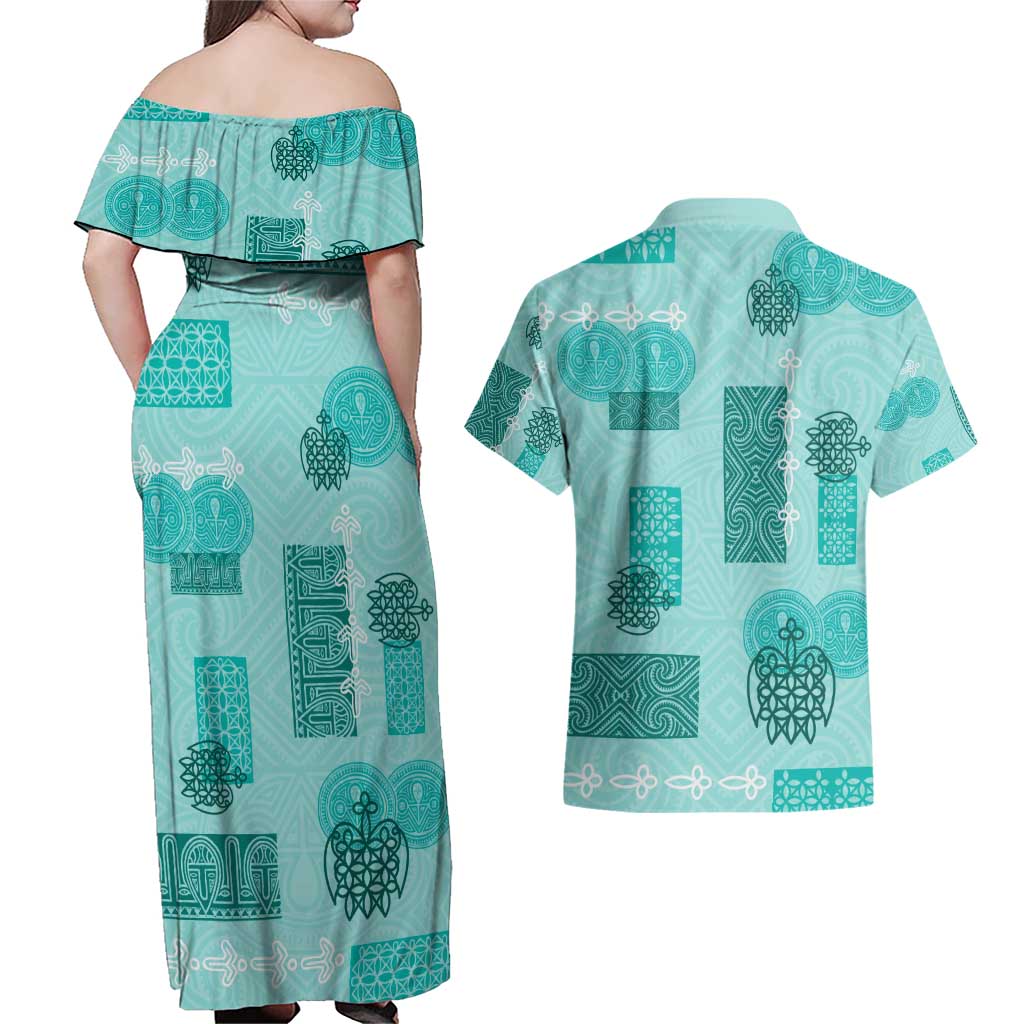 Vintage Lapita Couples Matching Off Shoulder Maxi Dress and Hawaiian Shirt Iconic Double Face Pattern Turquoise LT05