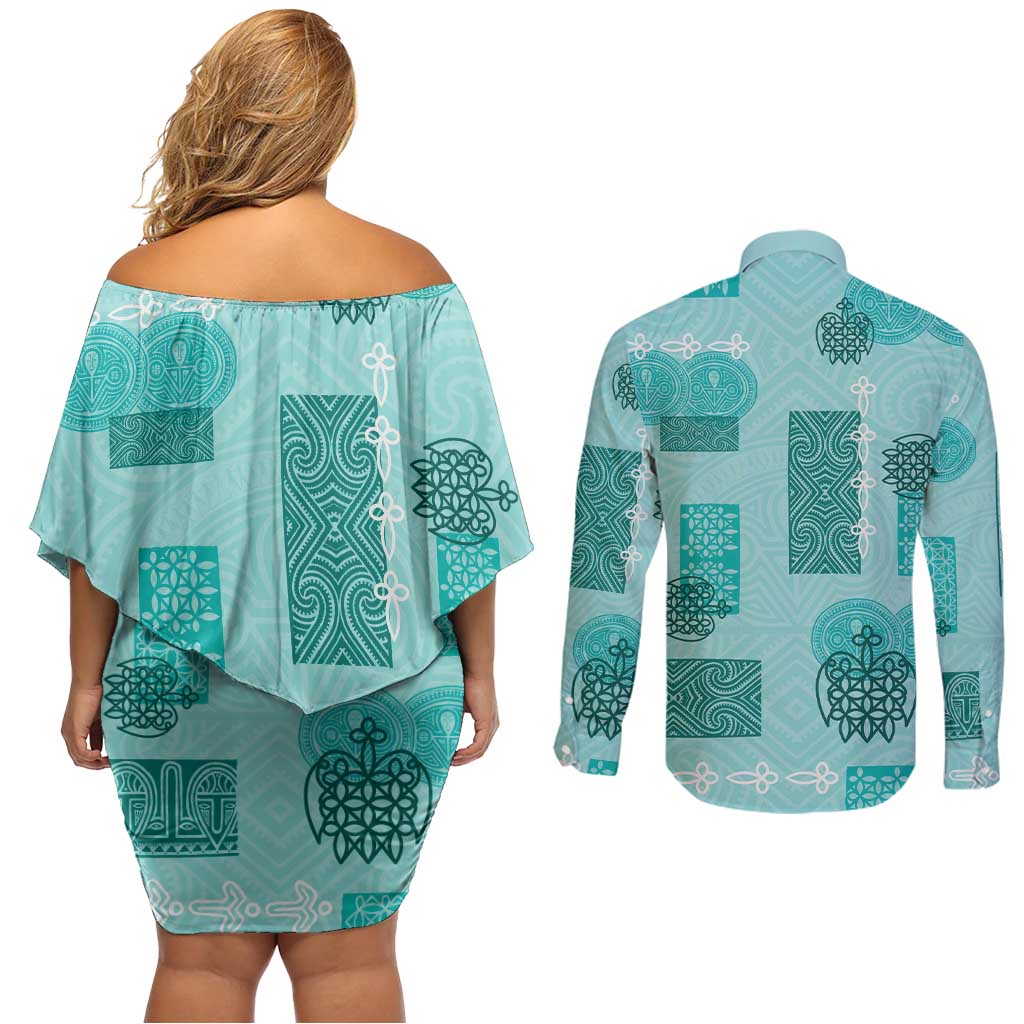 Vintage Lapita Couples Matching Off Shoulder Short Dress and Long Sleeve Button Shirt Iconic Double Face Pattern Turquoise LT05