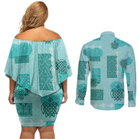 Vintage Lapita Couples Matching Off Shoulder Short Dress and Long Sleeve Button Shirt Iconic Double Face Pattern Turquoise LT05