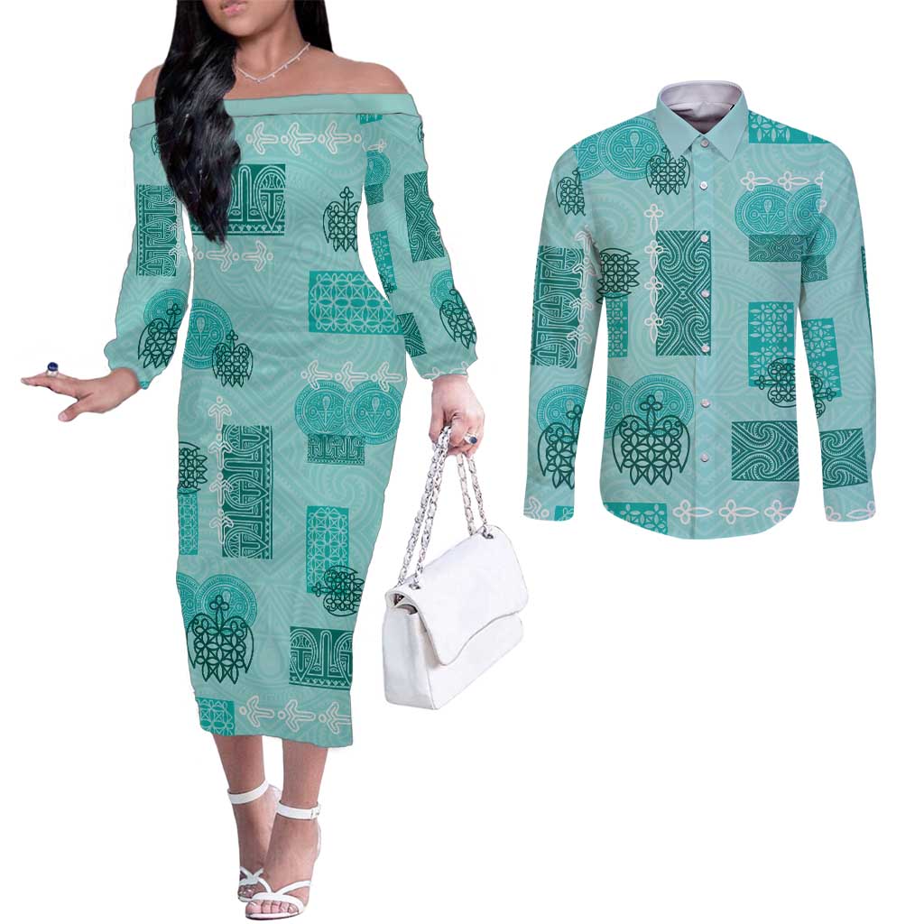 Vintage Lapita Couples Matching Off The Shoulder Long Sleeve Dress and Long Sleeve Button Shirt Iconic Double Face Pattern Turquoise LT05