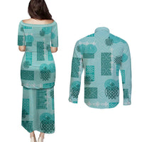 Vintage Lapita Couples Matching Puletasi and Long Sleeve Button Shirt Iconic Double Face Pattern Turquoise LT05