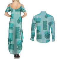 Vintage Lapita Couples Matching Summer Maxi Dress and Long Sleeve Button Shirt Iconic Double Face Pattern Turquoise LT05