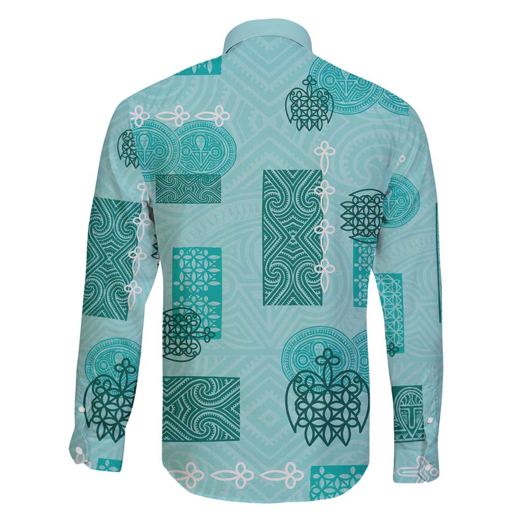 Vintage Lapita Family Matching Long Sleeve Bodycon Dress and Hawaiian Shirt Iconic Double Face Pattern Turquoise LT05