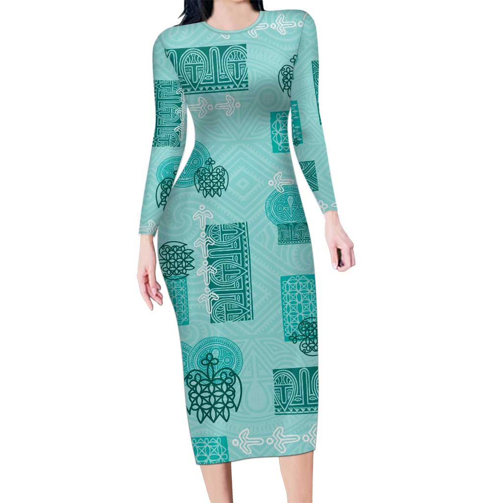 Vintage Lapita Family Matching Long Sleeve Bodycon Dress and Hawaiian Shirt Iconic Double Face Pattern Turquoise LT05