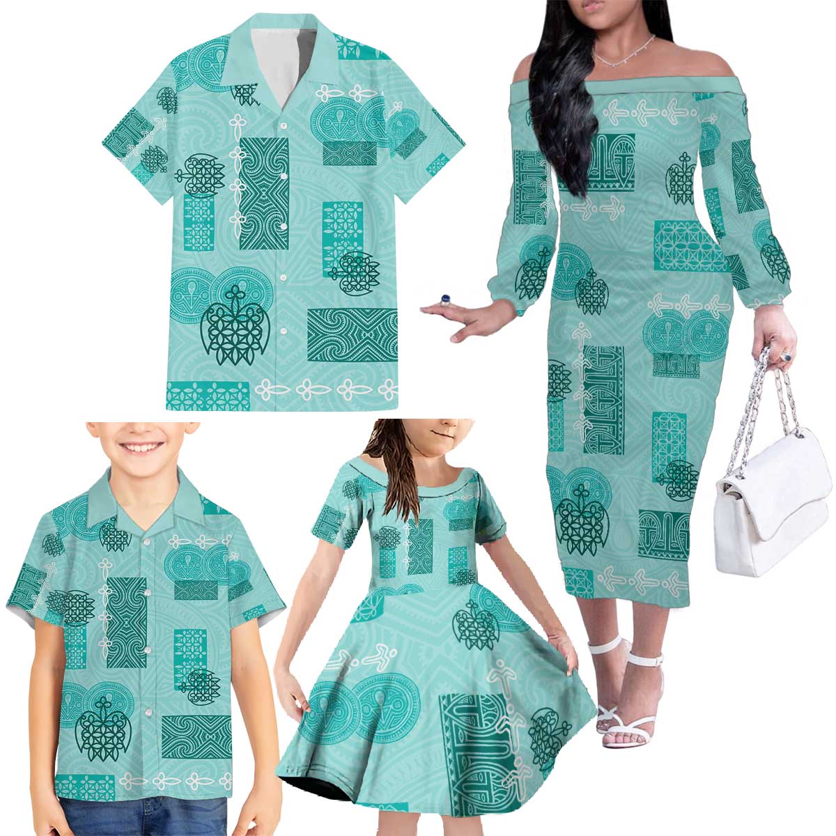 Vintage Lapita Family Matching Off The Shoulder Long Sleeve Dress and Hawaiian Shirt Iconic Double Face Pattern Turquoise LT05