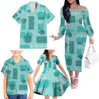 Vintage Lapita Family Matching Off The Shoulder Long Sleeve Dress and Hawaiian Shirt Iconic Double Face Pattern Turquoise LT05