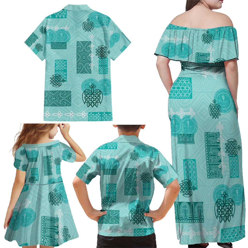 Vintage Lapita Family Matching Off Shoulder Maxi Dress and Hawaiian Shirt Iconic Double Face Pattern Turquoise LT05