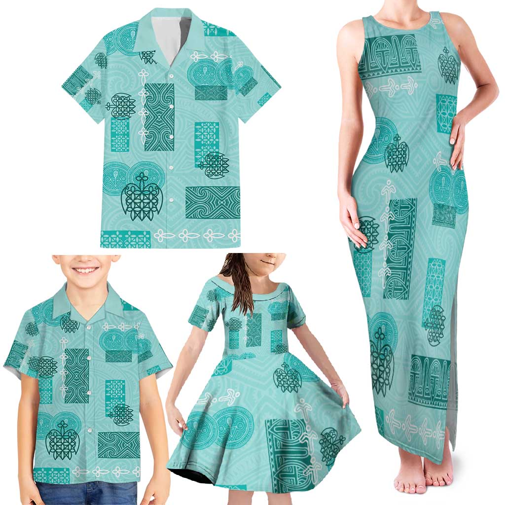 Vintage Lapita Family Matching Tank Maxi Dress and Hawaiian Shirt Iconic Double Face Pattern Turquoise LT05