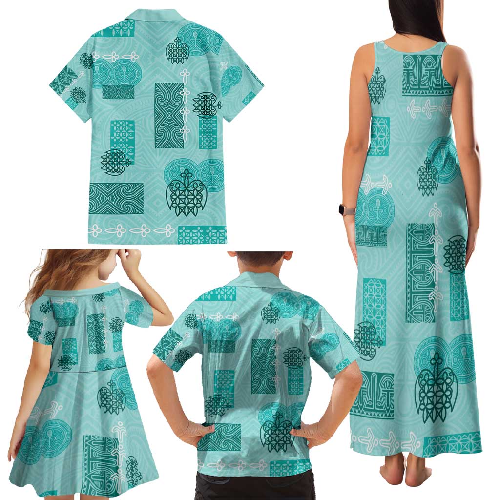 Vintage Lapita Family Matching Tank Maxi Dress and Hawaiian Shirt Iconic Double Face Pattern Turquoise LT05