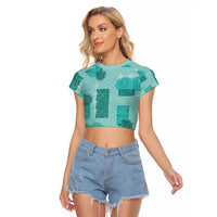 Vintage Lapita Raglan Cropped T Shirt Iconic Double Face Pattern Turquoise LT05