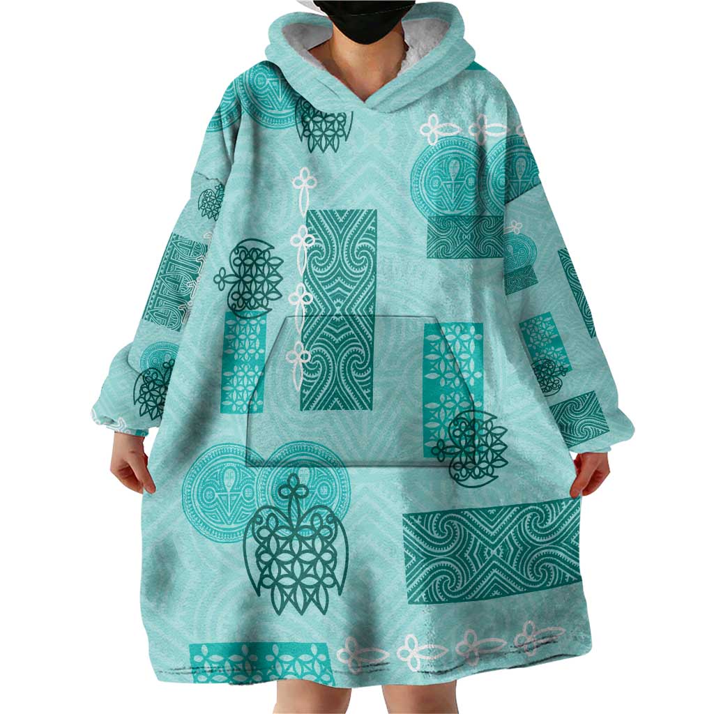 Vintage Lapita Wearable Blanket Hoodie Iconic Double Face Pattern Turquoise LT05