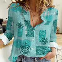 Vintage Lapita Women Casual Shirt Iconic Double Face Pattern Turquoise LT05