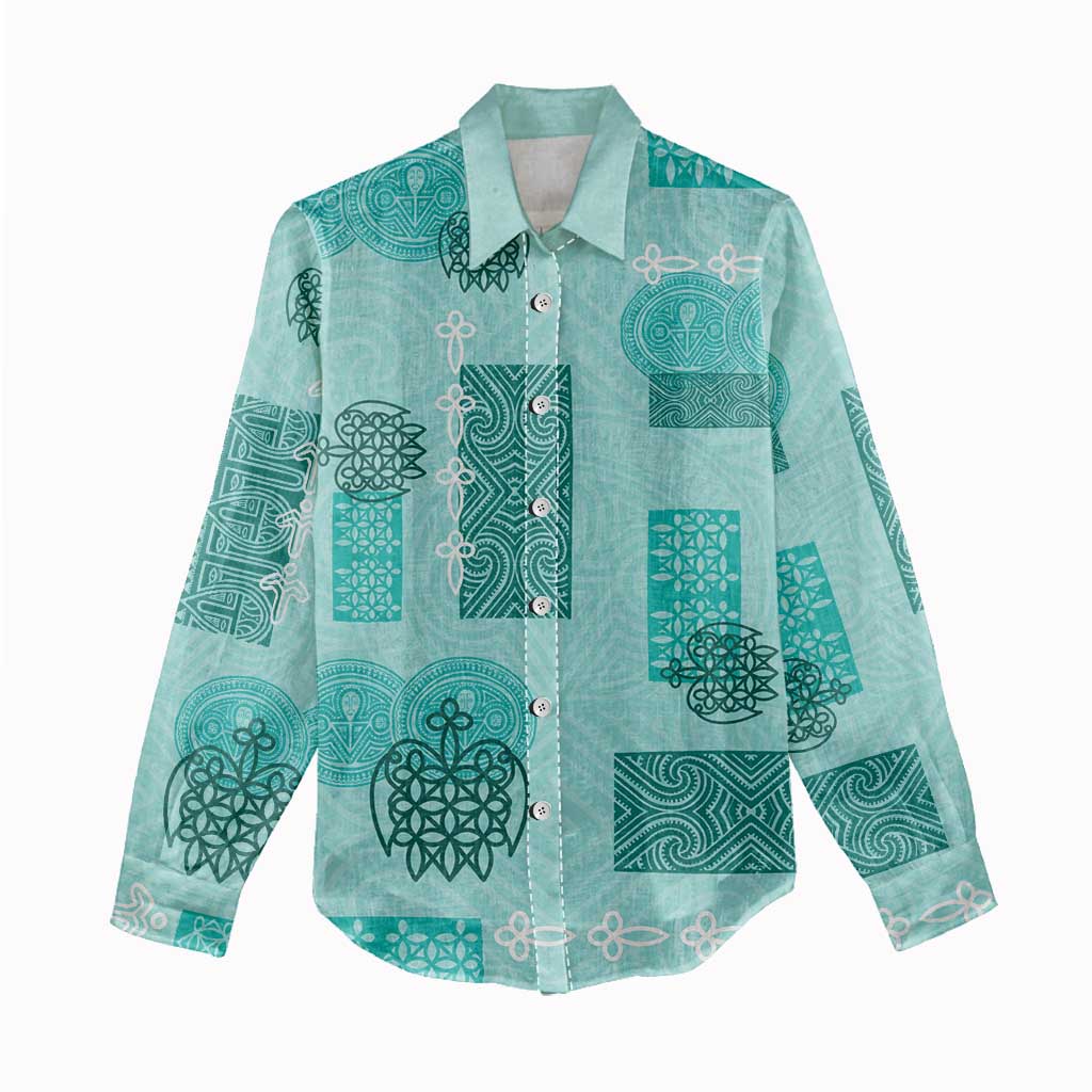 Vintage Lapita Women Casual Shirt Iconic Double Face Pattern Turquoise LT05
