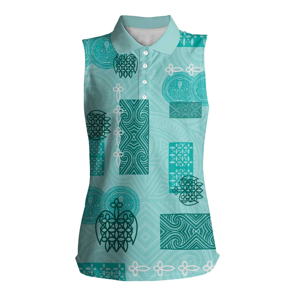 Vintage Lapita Women Sleeveless Polo Shirt Iconic Double Face Pattern Turquoise LT05 Female Turquoise - Polynesian Pride