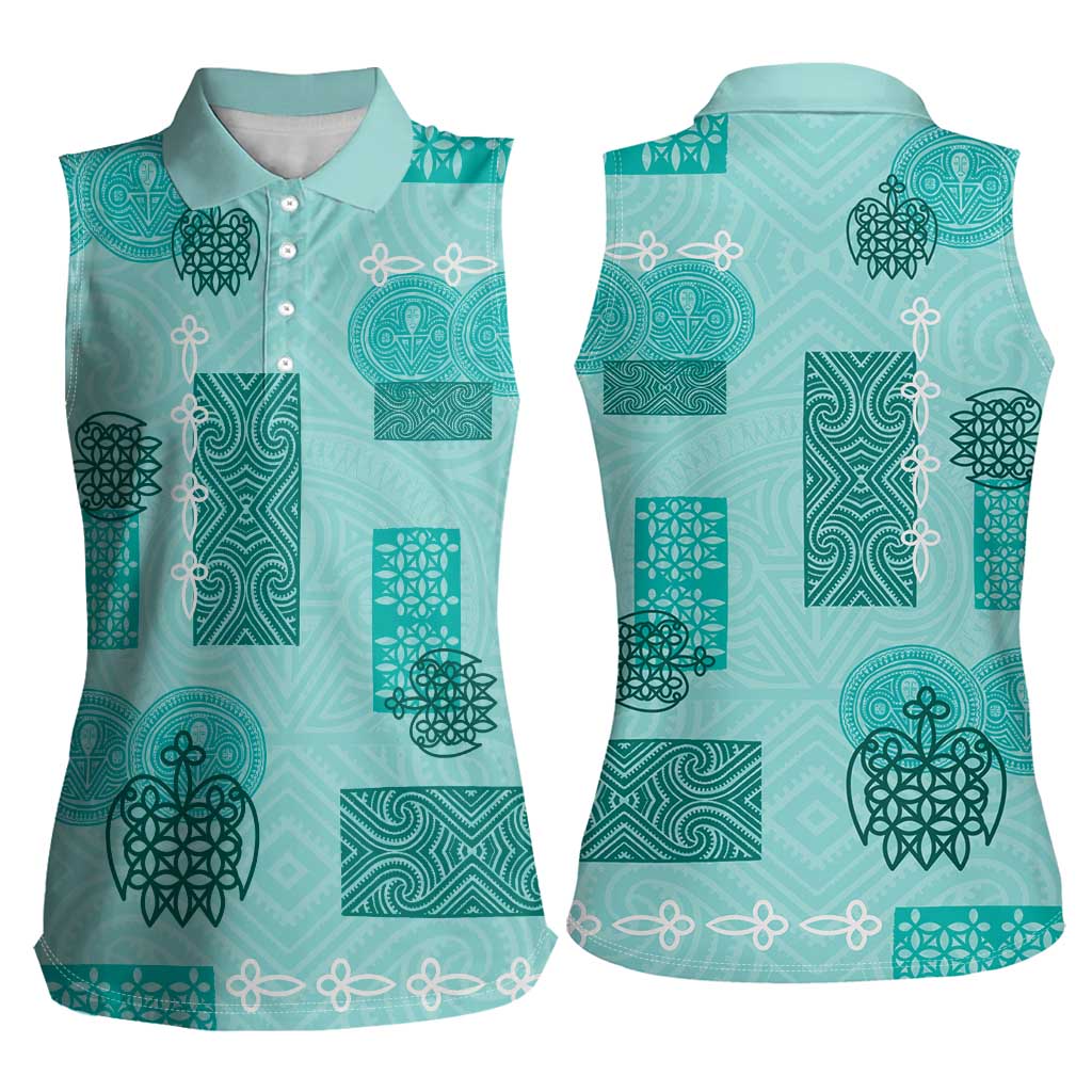 Vintage Lapita Women Sleeveless Polo Shirt Iconic Double Face Pattern Turquoise LT05 - Polynesian Pride