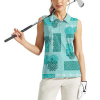 Vintage Lapita Women Sleeveless Polo Shirt Iconic Double Face Pattern Turquoise LT05 - Polynesian Pride