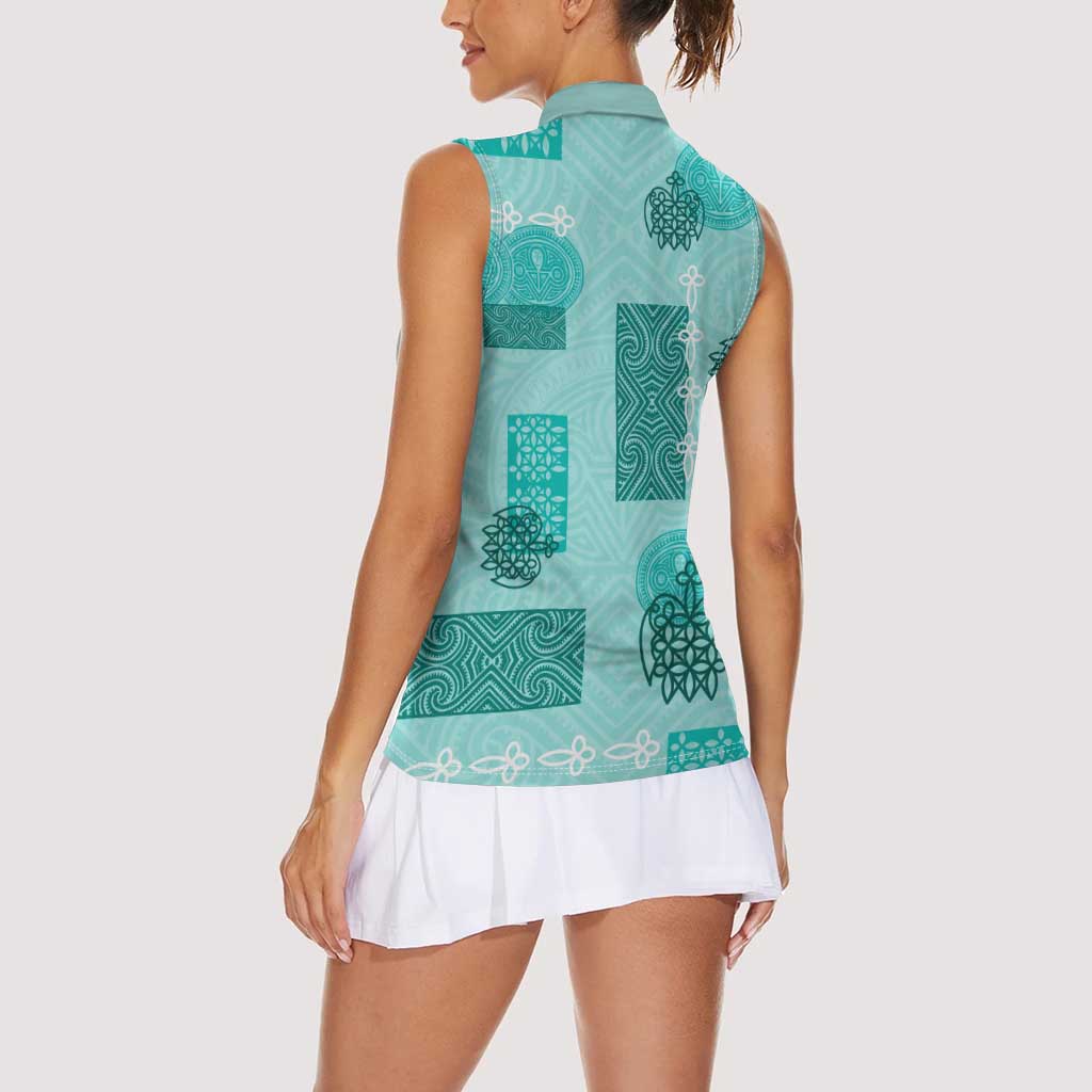 Vintage Lapita Women Sleeveless Polo Shirt Iconic Double Face Pattern Turquoise LT05 - Polynesian Pride