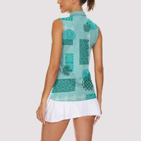 Vintage Lapita Women Sleeveless Polo Shirt Iconic Double Face Pattern Turquoise LT05 - Polynesian Pride