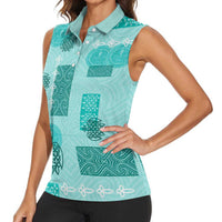 Vintage Lapita Women Sleeveless Polo Shirt Iconic Double Face Pattern Turquoise LT05 - Polynesian Pride