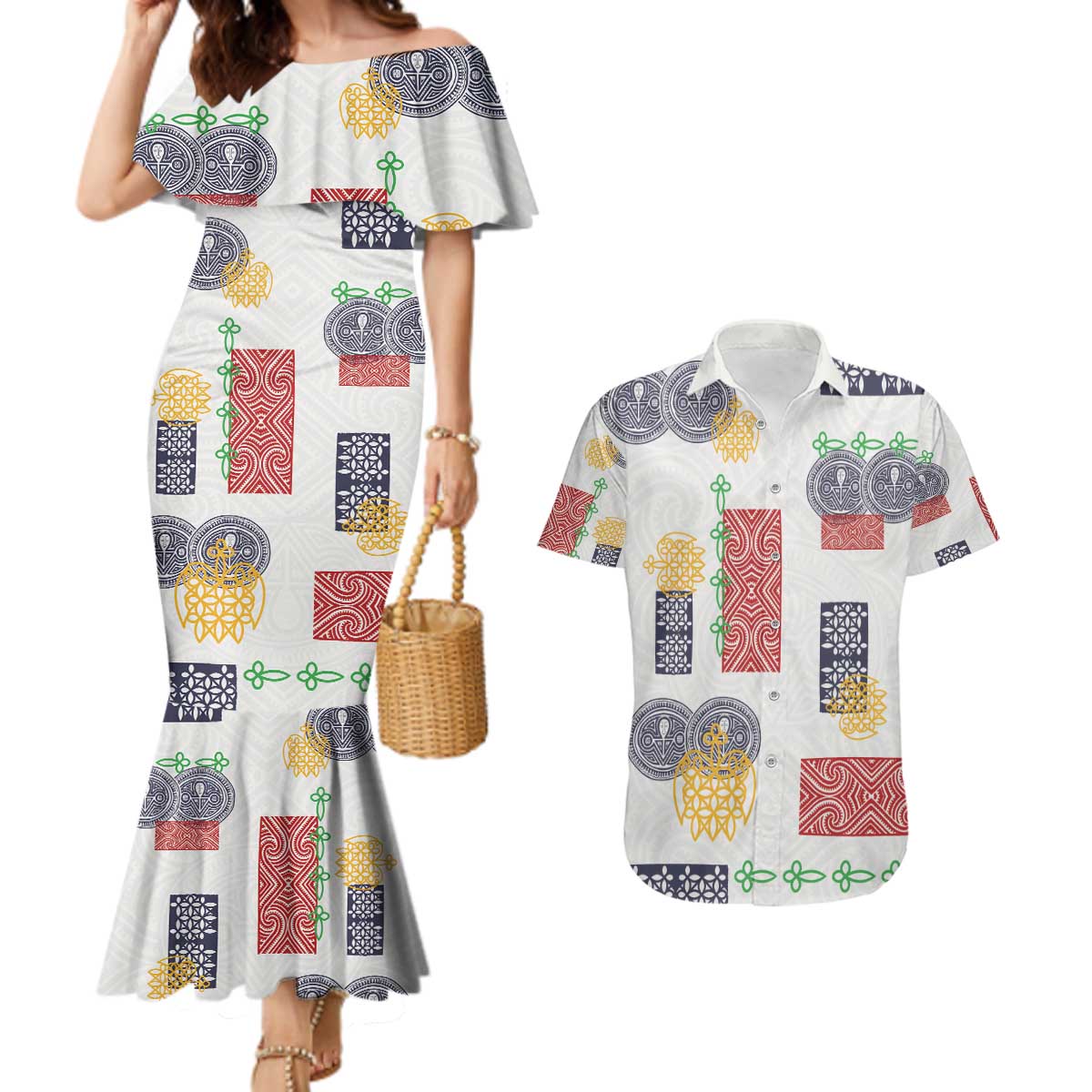 Vintage Lapita Couples Matching Mermaid Dress and Hawaiian Shirt Iconic Double Face Pattern