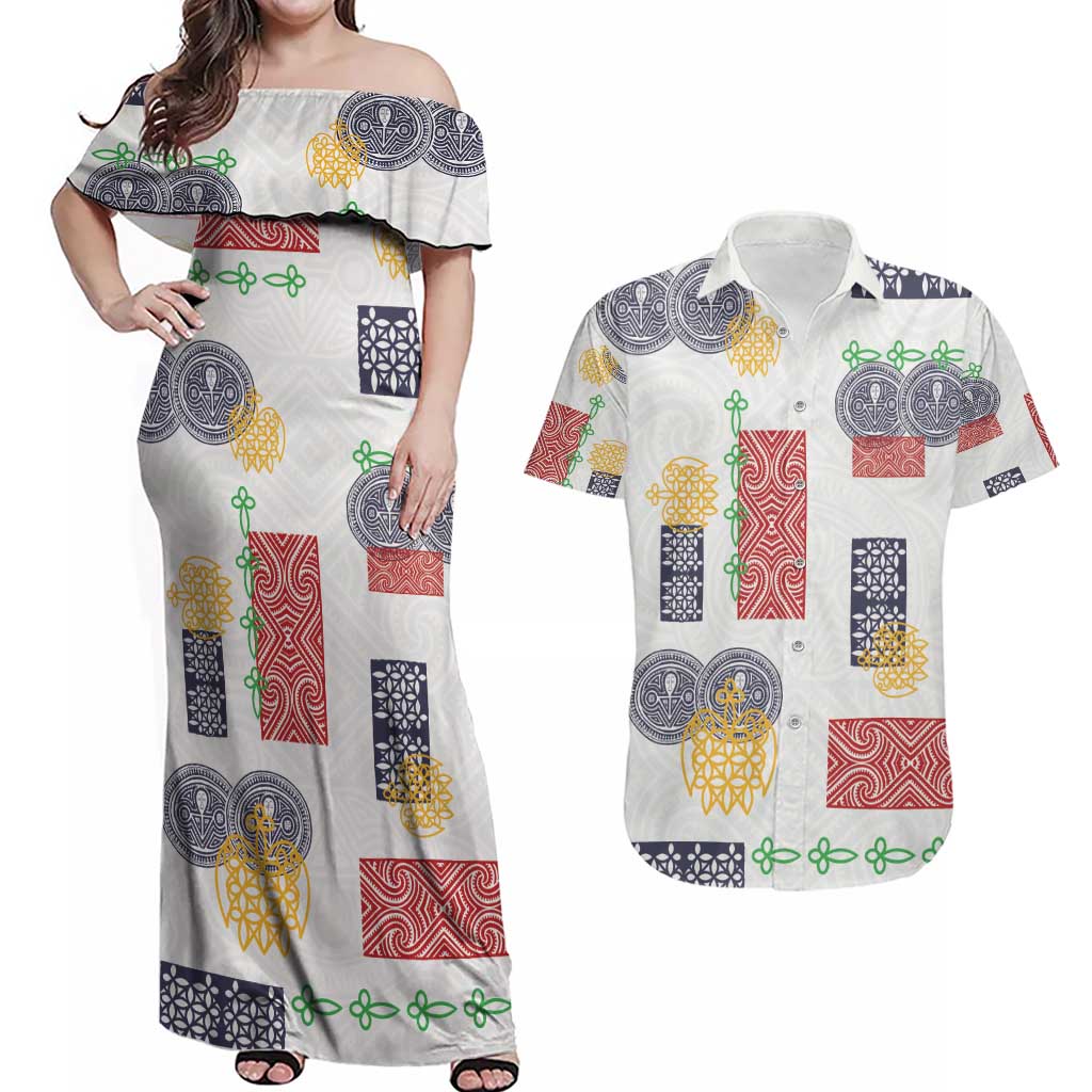 Vintage Lapita Couples Matching Off Shoulder Maxi Dress and Hawaiian Shirt Iconic Double Face Pattern