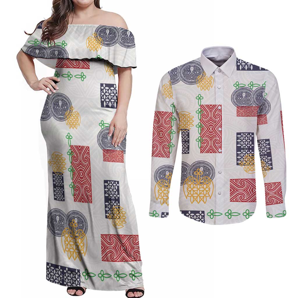 Vintage Lapita Couples Matching Off Shoulder Maxi Dress and Long Sleeve Button Shirt Iconic Double Face Pattern LT05 Colorful - Polynesian Pride