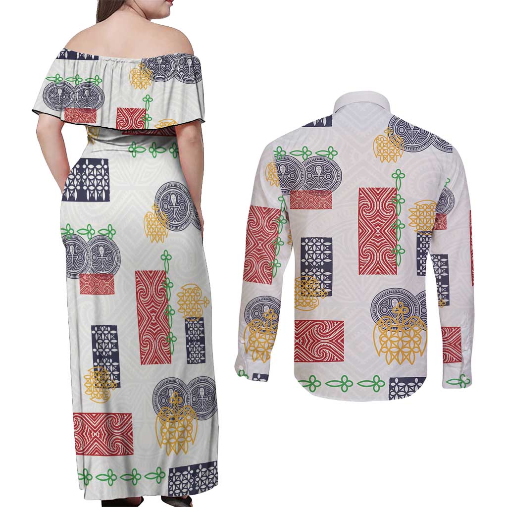 Vintage Lapita Couples Matching Off Shoulder Maxi Dress and Long Sleeve Button Shirt Iconic Double Face Pattern LT05 - Polynesian Pride