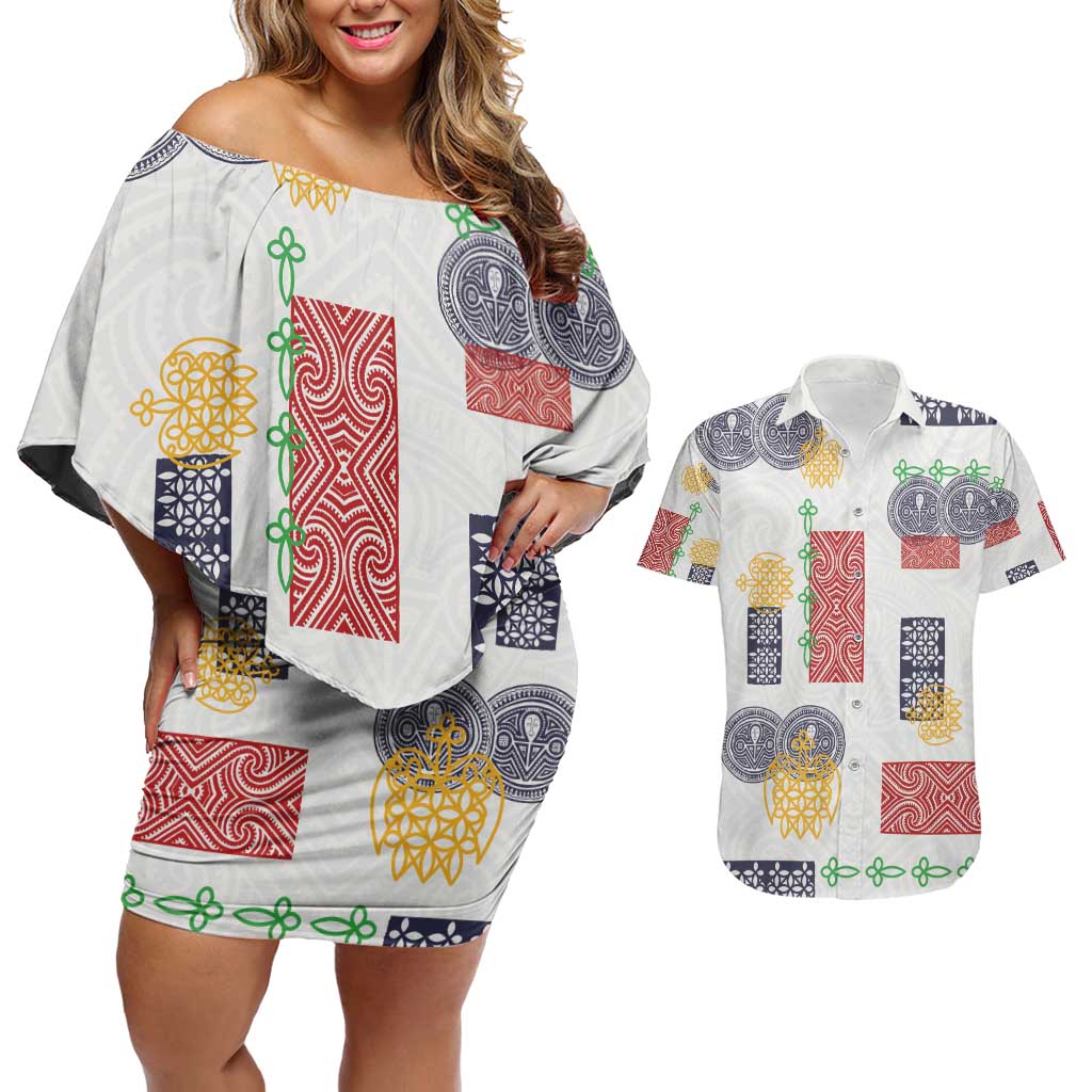 Vintage Lapita Couples Matching Off Shoulder Short Dress and Hawaiian Shirt Iconic Double Face Pattern