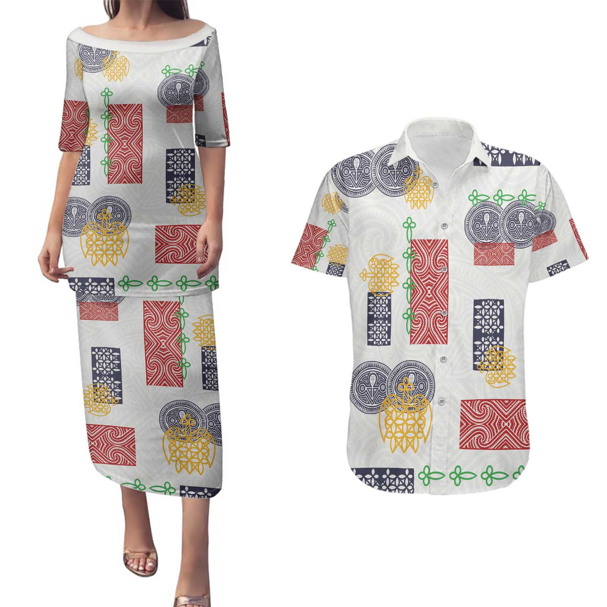 Vintage Lapita Couples Matching Puletasi and Hawaiian Shirt Iconic Double Face Pattern