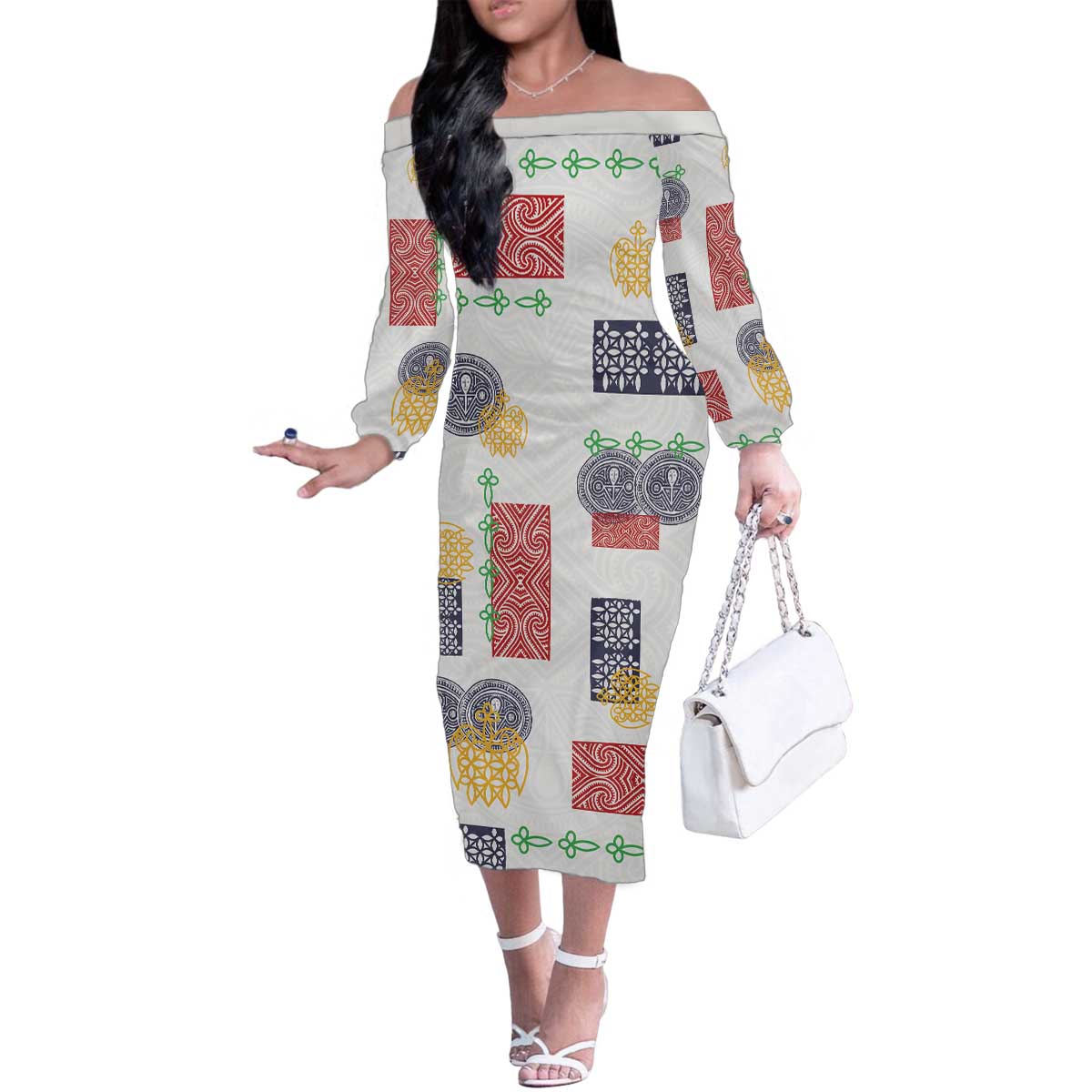 Vintage Lapita Family Matching Off The Shoulder Long Sleeve Dress and Hawaiian Shirt Iconic Double Face Pattern