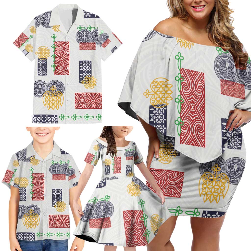 Vintage Lapita Family Matching Off Shoulder Short Dress and Hawaiian Shirt Iconic Double Face Pattern