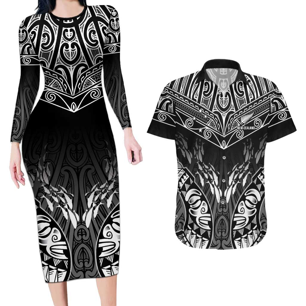 Custom New Zealand Fishing Couples Matching Long Sleeve Bodycon Dress and Hawaiian Shirt Aotearoa Maori Koru - Polynesian Pride