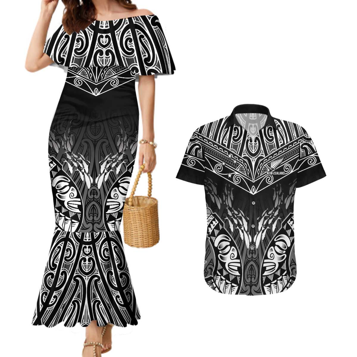 Custom New Zealand Fishing Couples Matching Mermaid Dress and Hawaiian Shirt Aotearoa Maori Koru - Polynesian Pride