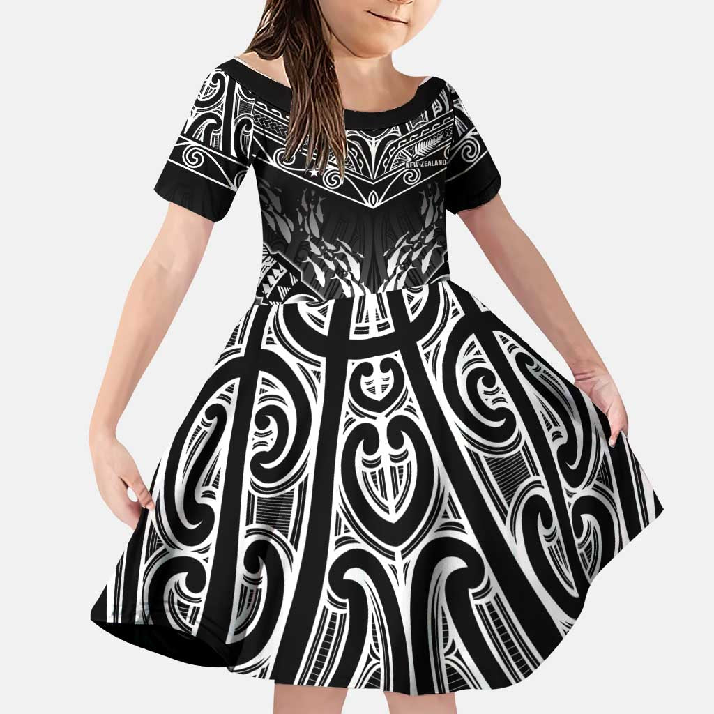 Custom New Zealand Fishing Family Matching Mermaid Dress and Hawaiian Shirt Aotearoa Maori Koru LT05 Daughter's Dress Black - Polynesian Pride
