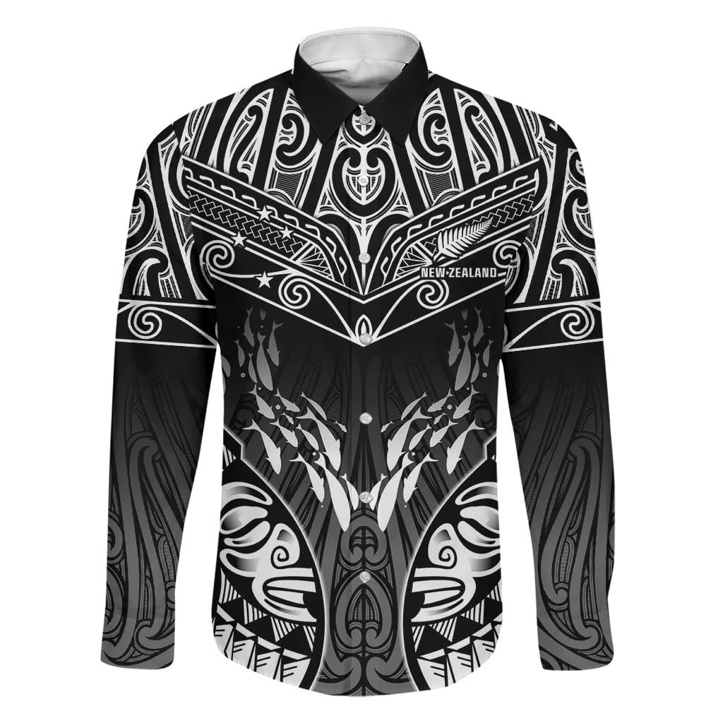 Custom New Zealand Fishing Family Matching Mermaid Dress and Hawaiian Shirt Aotearoa Maori Koru LT05 Dad's Shirt - Long Sleeve Black - Polynesian Pride