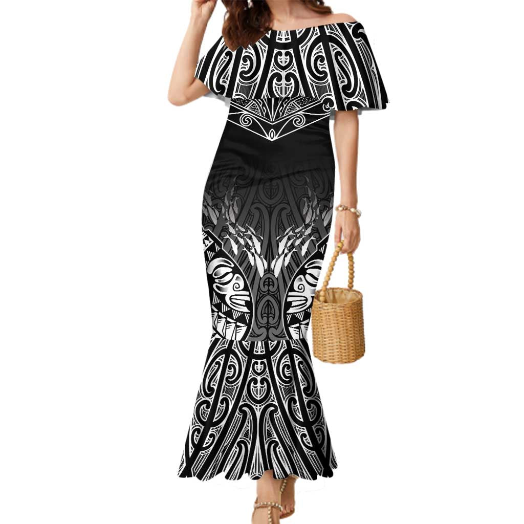 Custom New Zealand Fishing Family Matching Mermaid Dress and Hawaiian Shirt Aotearoa Maori Koru LT05 Mom's Dress Black - Polynesian Pride