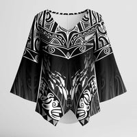 Custom New Zealand Fishing Kimono Sleeve Blouse Aotearoa Maori Koru LT05 Female Black - Polynesian Pride
