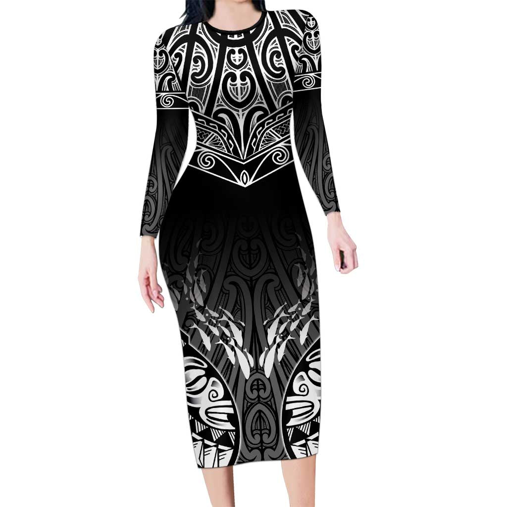 Custom New Zealand Fishing Long Sleeve Bodycon Dress Aotearoa Maori Koru - Polynesian Pride