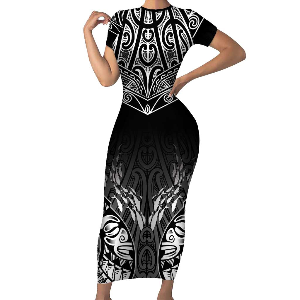 Custom New Zealand Fishing Short Sleeve Bodycon Dress Aotearoa Maori Koru - Polynesian Pride
